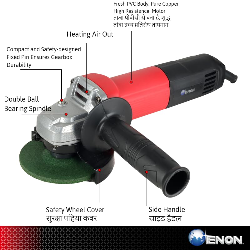 ENON Corded Electric Angle Grinder 900W 12500 RPM with 3 cutting wheel and 1 Grinder Wheel 100m for Grinding, Polishing & Cutting with 3 for Home & DIY Use, Back Switch (XE-4001H) ENON Corded Electric Angle Grinder 900W 12500 RPM with 3 cutting wheel and 1 Grinder Wheel 100m for Grinding, Polishing & Cutting with 3 for Home & DIY Use, Back Switch (XE-4001H)